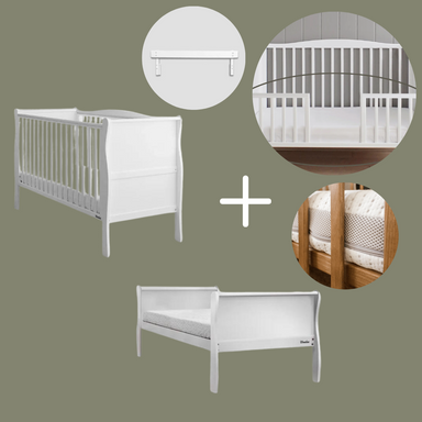 Woodies Woodies Noble White 2 in 1 Cot Bed + Mattress + Toddler Rails + Day Bed Side (140cm)  - Hola BB