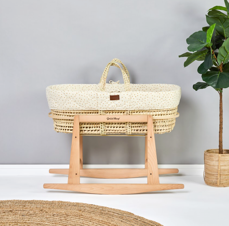 The Little Green Sheep Quilted Moses Basket and Rocking Stand Bundle Linen Rice - Hola BB